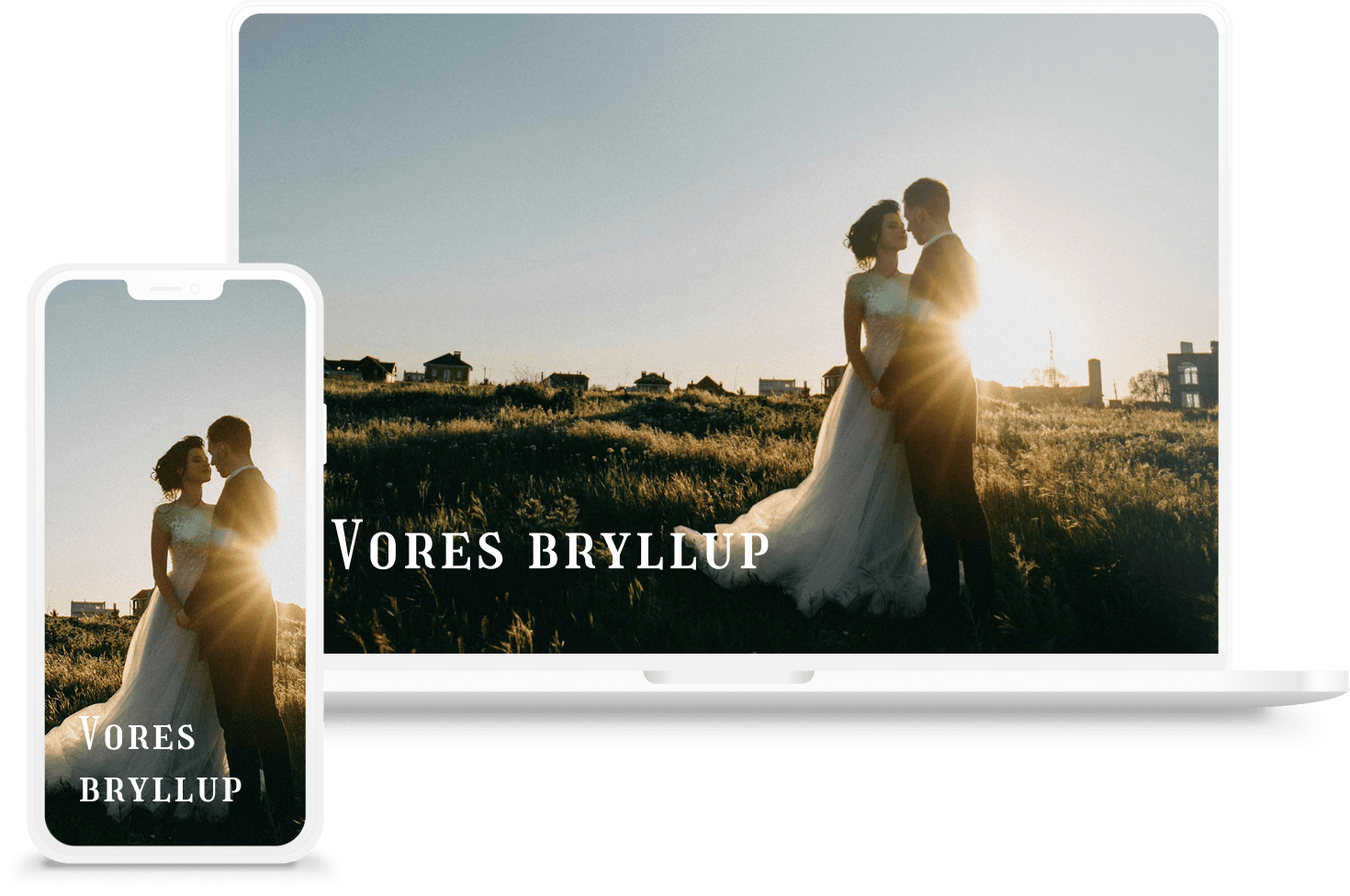 VoresBryllup vist på laptop og telefon